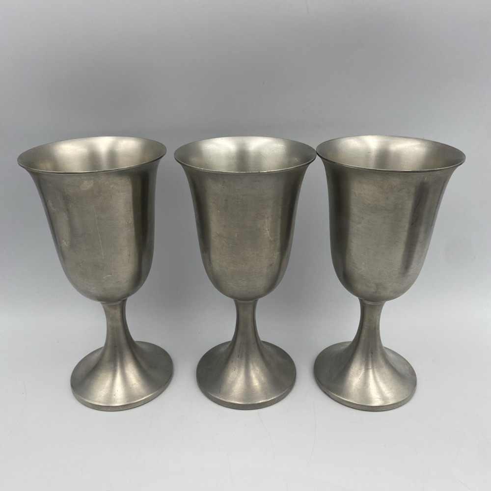 Set of 3 Vintage Signed WEB Pewter Water Wine Goblets Cups 6.5" Pedestal